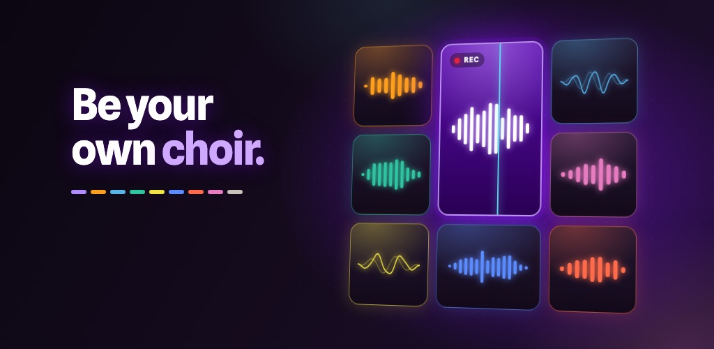 Acapella Grid: Be your own choir. A grid of colourful voice tiles, one of them recording.