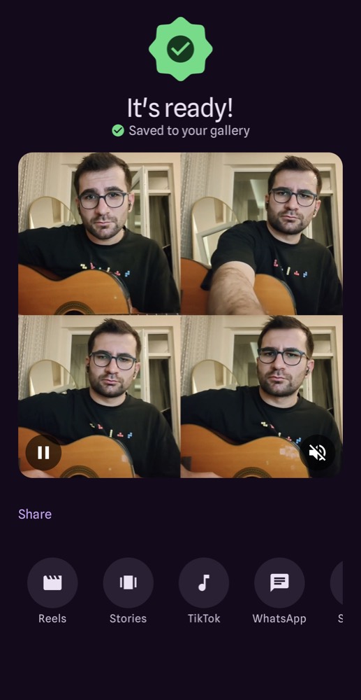 Export finished: video saved to the gallery with share buttons